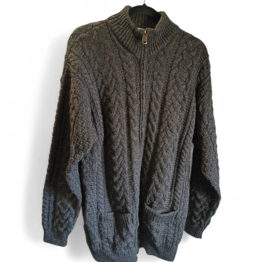 Shannon Woolen Mills Cable Knit 100% Wool Full Zipper Cardigan Fisherman Ireland